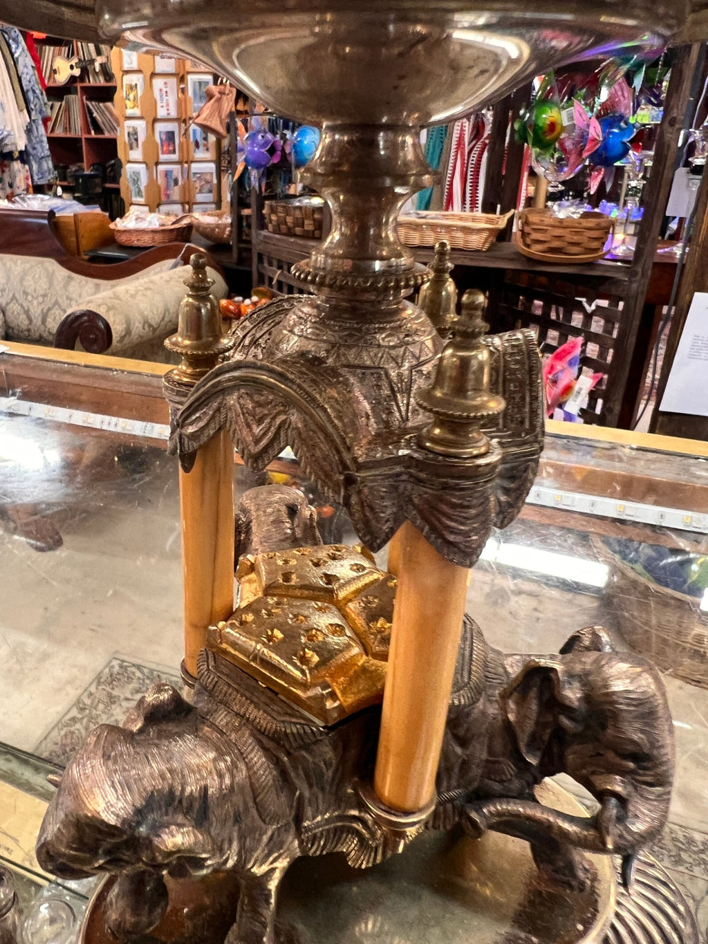 Ornate Elephant Crystal Centerpiece Bowl – Silver-Tone Metal & Gold Canopy Stand – Victorian Revival Style
