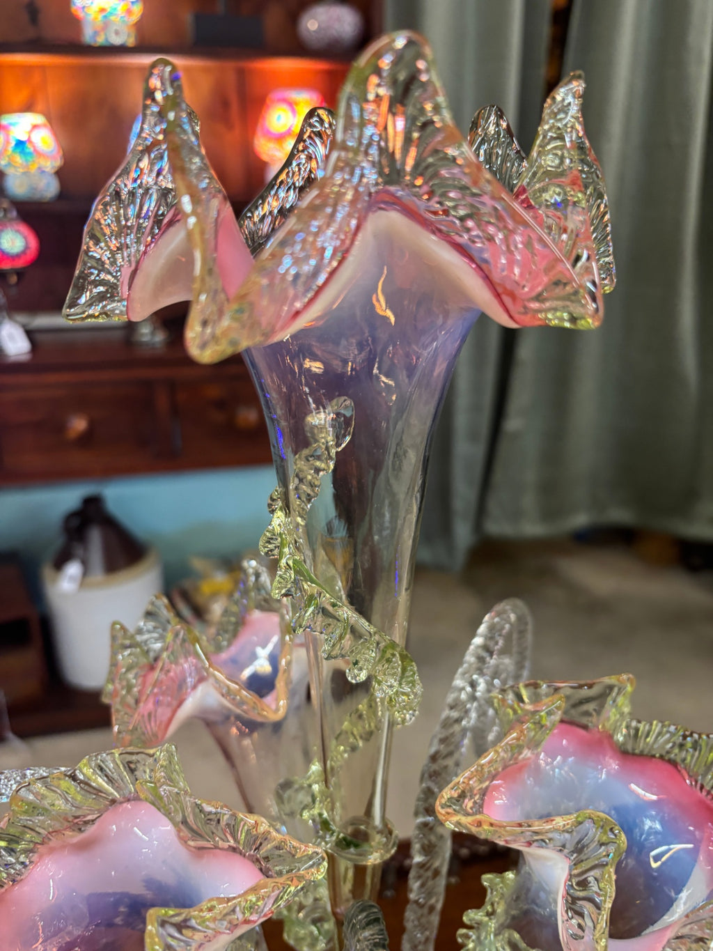 Magnificent Victorian Pink Opalescent & UV-Reactive Glass Epergne Centerpiece – Attributed c. 1885 – 23.75"
