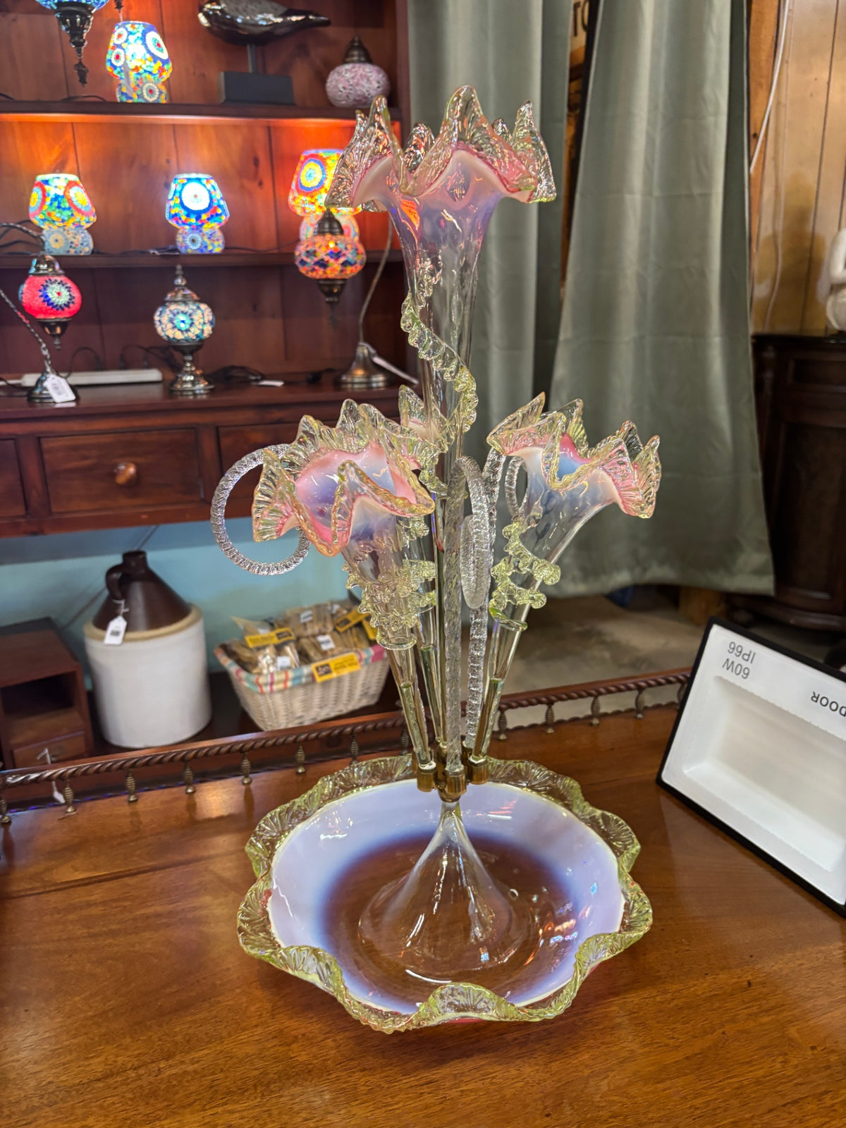 Magnificent Victorian Pink Opalescent & UV-Reactive Glass Epergne Centerpiece – Attributed c. 1885 – 23.75"