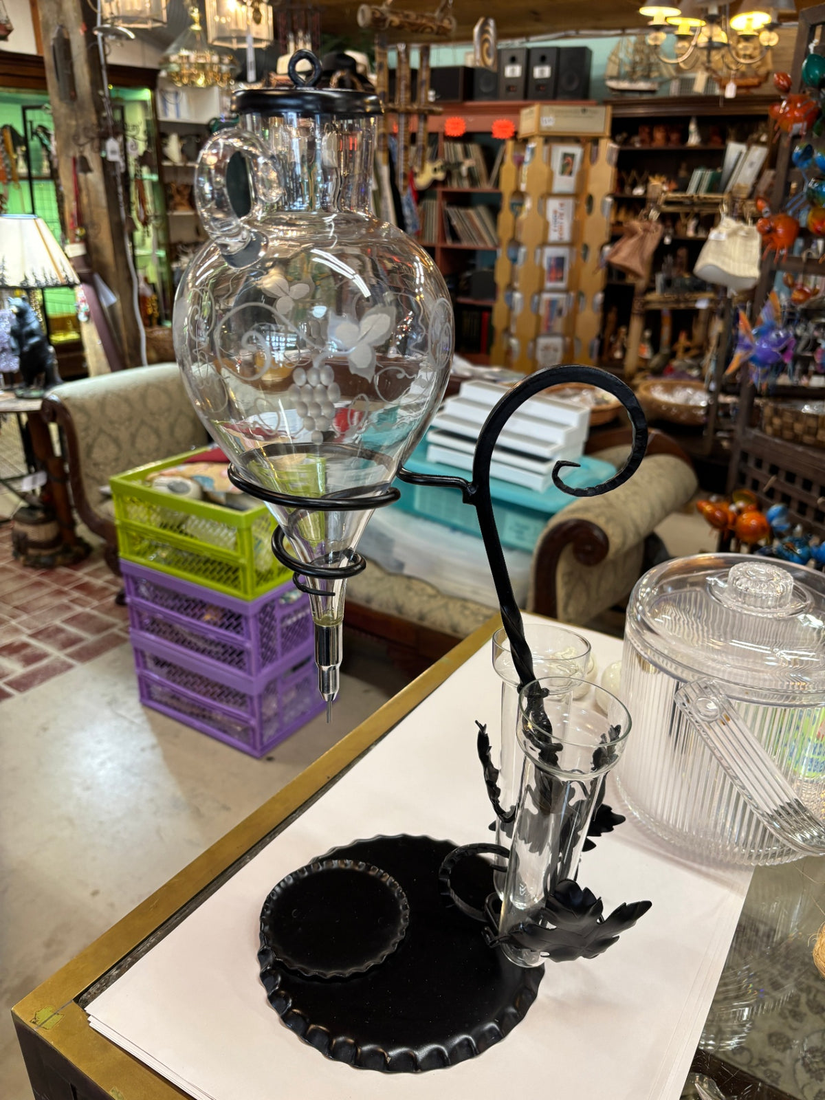 Vintage Austrian Etched Glass Wine or Liquor Dispenser with Wrought Iron Stand & Leaf-Form Glass Holders