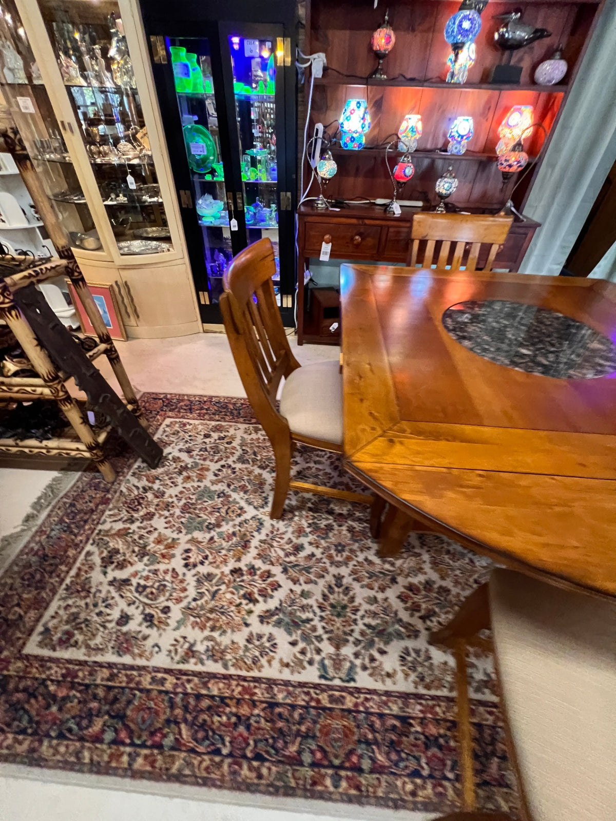 Solid Wood Square-to-Round Convertible Pub Dining Table with Stone Lazy Susan & 4 Upholstered Chairs – 5-Piece Set