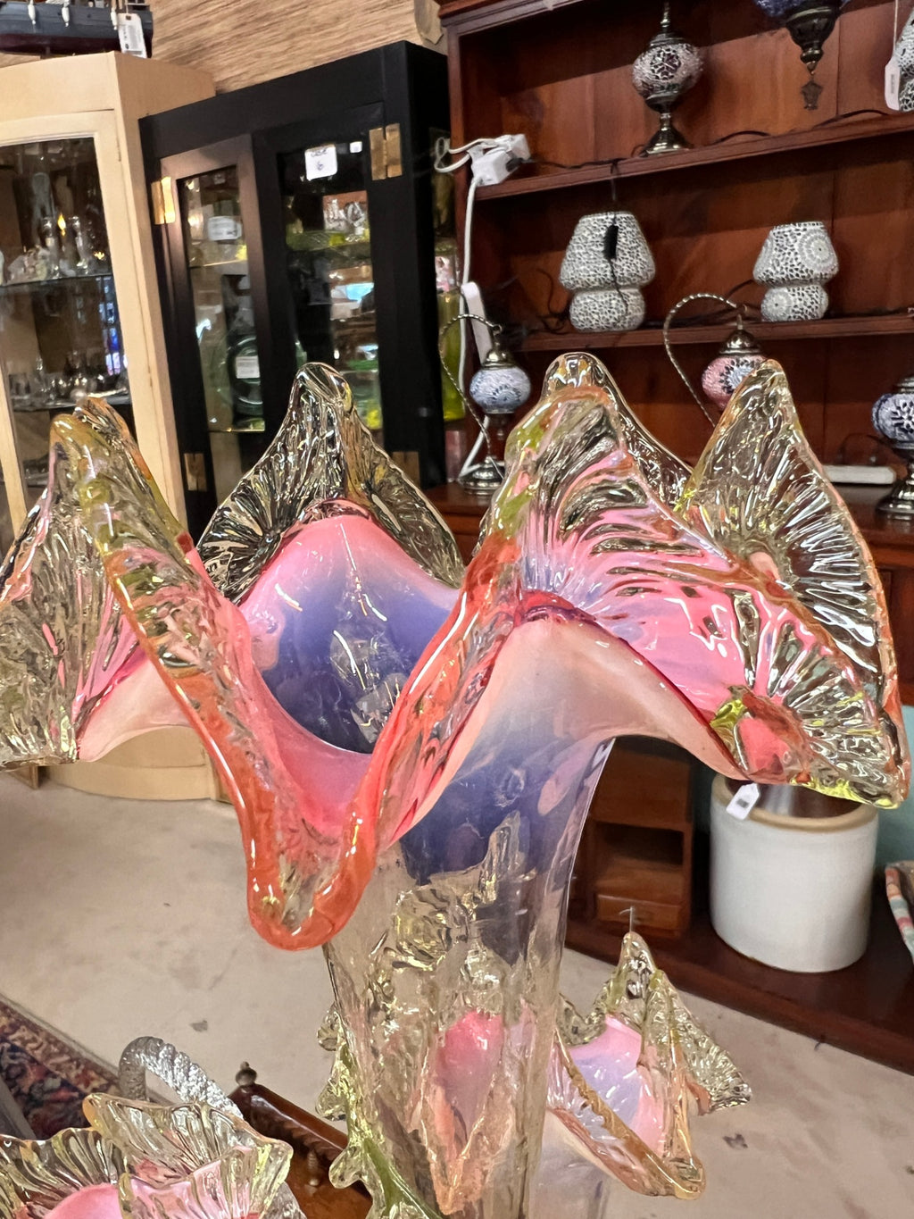 Magnificent Victorian Pink Opalescent & UV-Reactive Glass Epergne Centerpiece – Attributed c. 1885 – 23.75"