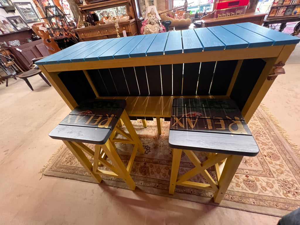 Margaritaville Jimmy Buffett Tropical Wooden Tiki Bar with 4 Matching RELAX Stools – 5-Piece Coastal Bar Set