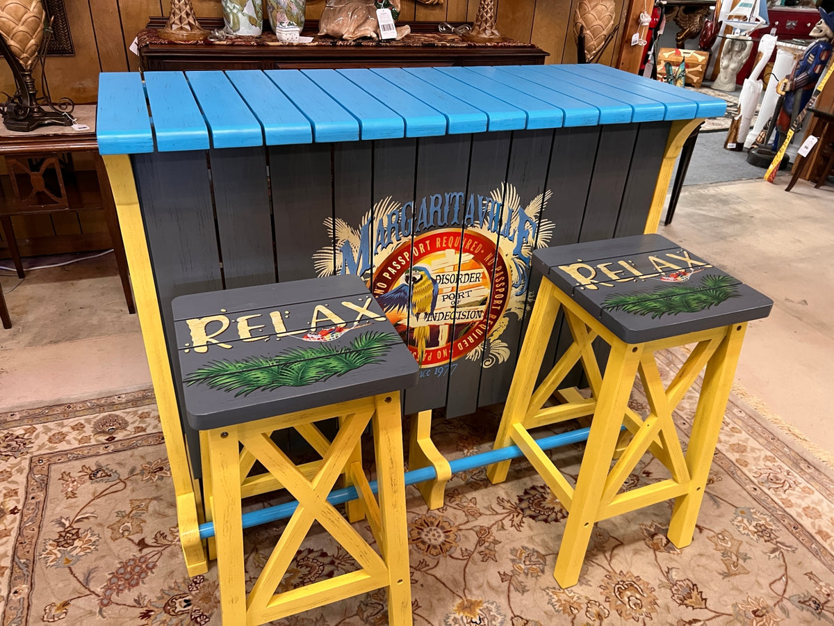 Margaritaville Jimmy Buffett Tropical Wooden Tiki Bar with 4 Matching RELAX Stools – 5-Piece Coastal Bar Set