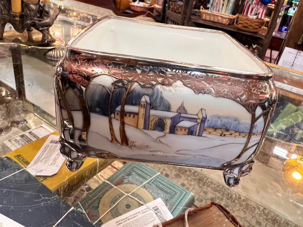 Antique Noritake Nippon Porcelain Footed Planter – Hand-Painted Winter Landscape – Silver Overlay Decoration – Circa 1910–1921