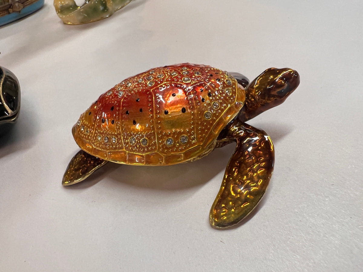 Jeweled Orange & Gold Enamel Sea Turtle Trinket Box – Rhinestone Coastal Collectible