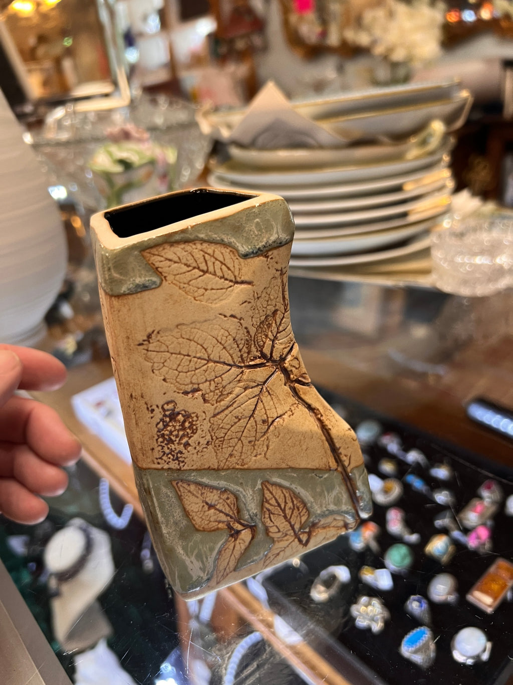 Handcrafted Malaysian Tenmoku Pottery 3-Piece Vase Set – Botanical Leaf Design – Sage Green & Earthtone Ceramic