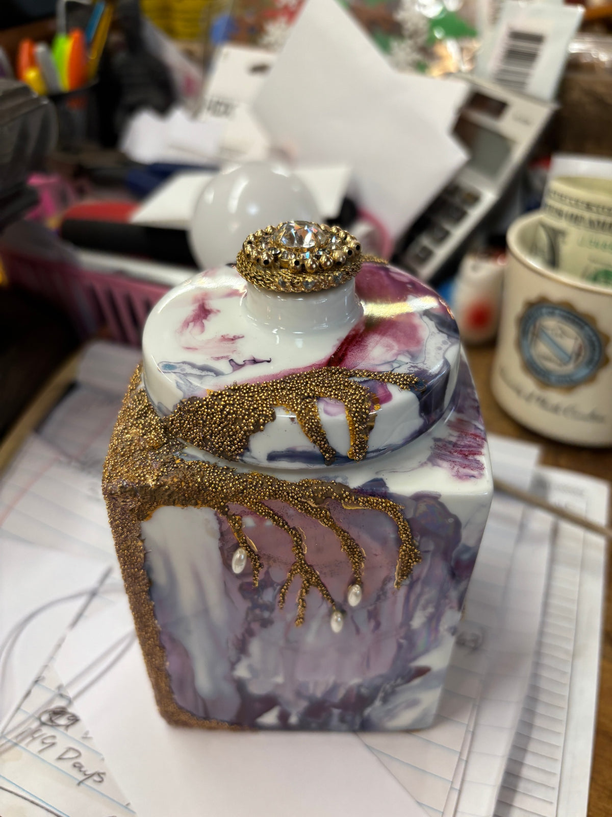 Vintage 1990 Signed P. Provenzano Art Porcelain Decorative Bottle with Gold Beading & Jeweled Top