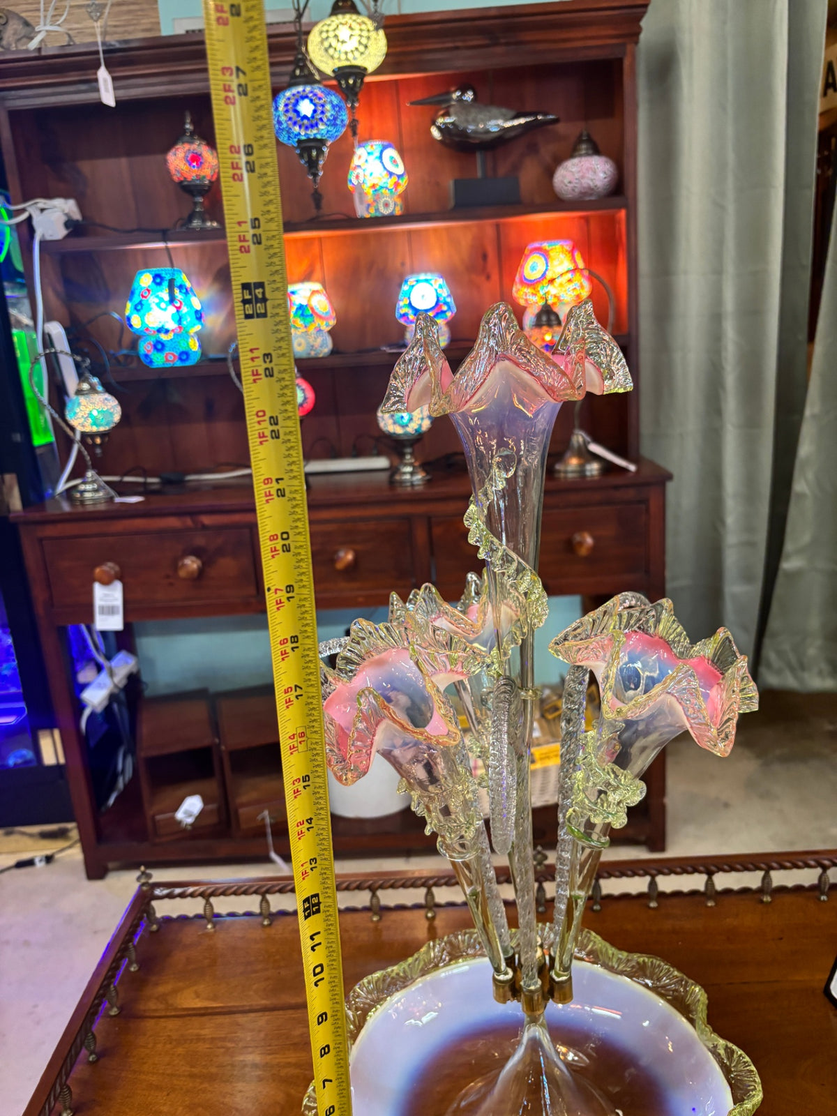 Magnificent Victorian Pink Opalescent & UV-Reactive Glass Epergne Centerpiece – Attributed c. 1885 – 23.75"