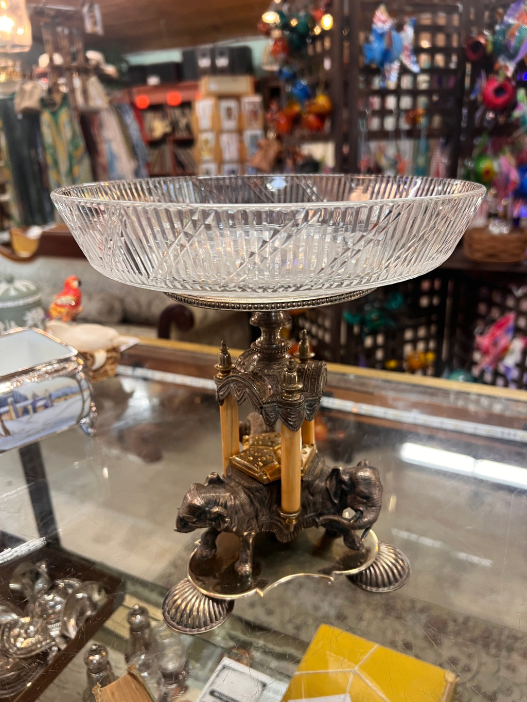 Ornate Elephant Crystal Centerpiece Bowl – Silver-Tone Metal & Gold Canopy Stand – Victorian Revival Style