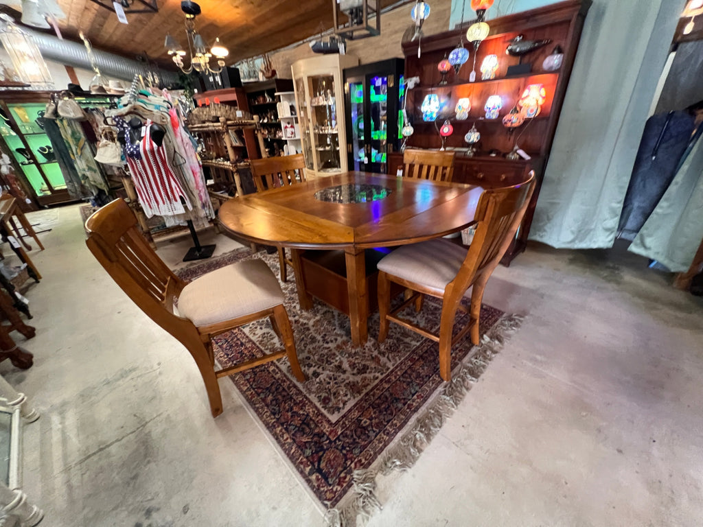 Solid Wood Square-to-Round Convertible Pub Dining Table with Stone Lazy Susan & 4 Upholstered Chairs – 5-Piece Set