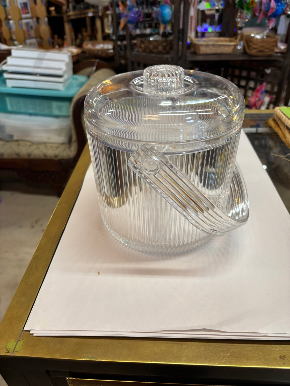 Vintage Lucite Acrylic Ice Bucket with Lid and Tongs Clear Ribbed