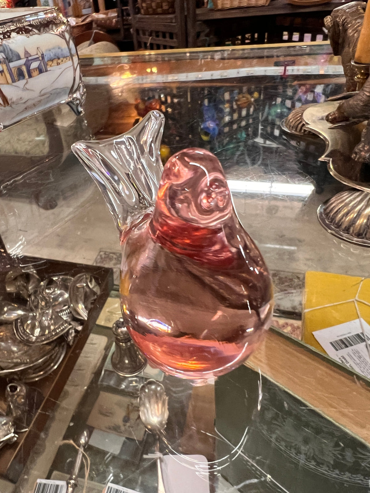 Vintage Pink Art Glass Bird Figurine – Clear Crystal Tail – Sculptural Glass Collectible