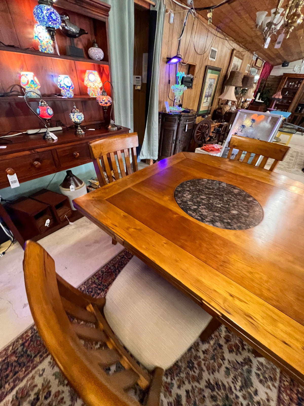 Solid Wood Square-to-Round Convertible Pub Dining Table with Stone Lazy Susan & 4 Upholstered Chairs – 5-Piece Set