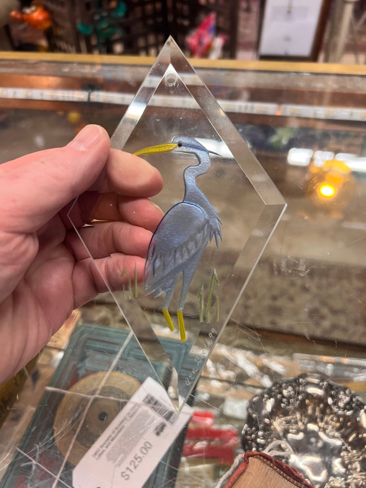 Ann Booth 1999 Signed Hand-Painted & Engraved Blue Heron Beveled Glass Suncatcher – Coastal Wildlife Art