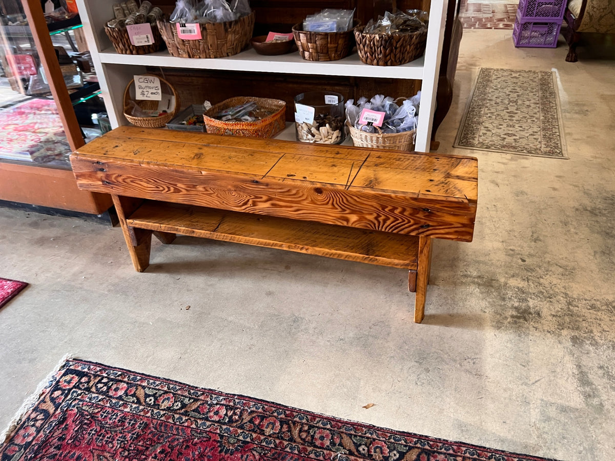 Antique Primitive Pine Farmhouse Bench with Lower Shelf – Rustic Solid Wood Entryway Bench