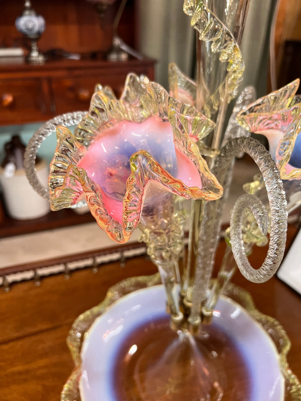 Magnificent Victorian Pink Opalescent & UV-Reactive Glass Epergne Centerpiece – Attributed c. 1885 – 23.75"