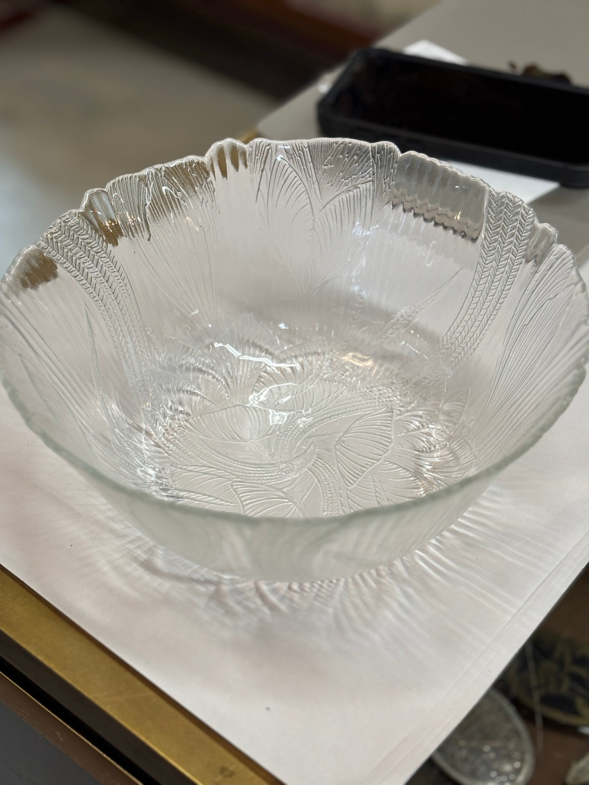 Vintage Clear Pressed Glass Floral Serving Bowl with Scalloped Rim
