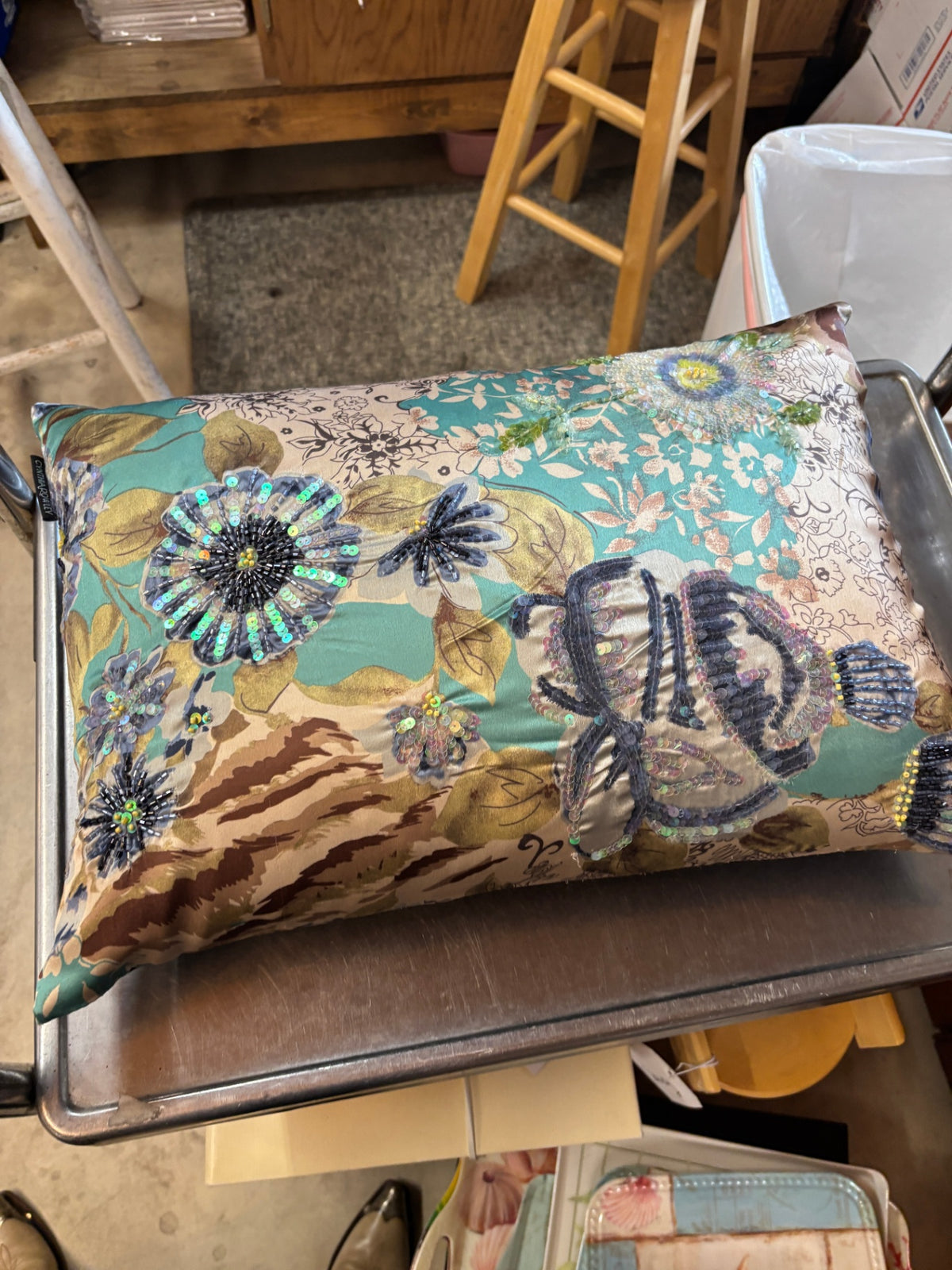Decorative Embellished Floral Lumbar Throw Pillow – Teal, Gold & Champagne with Sequins and Beading