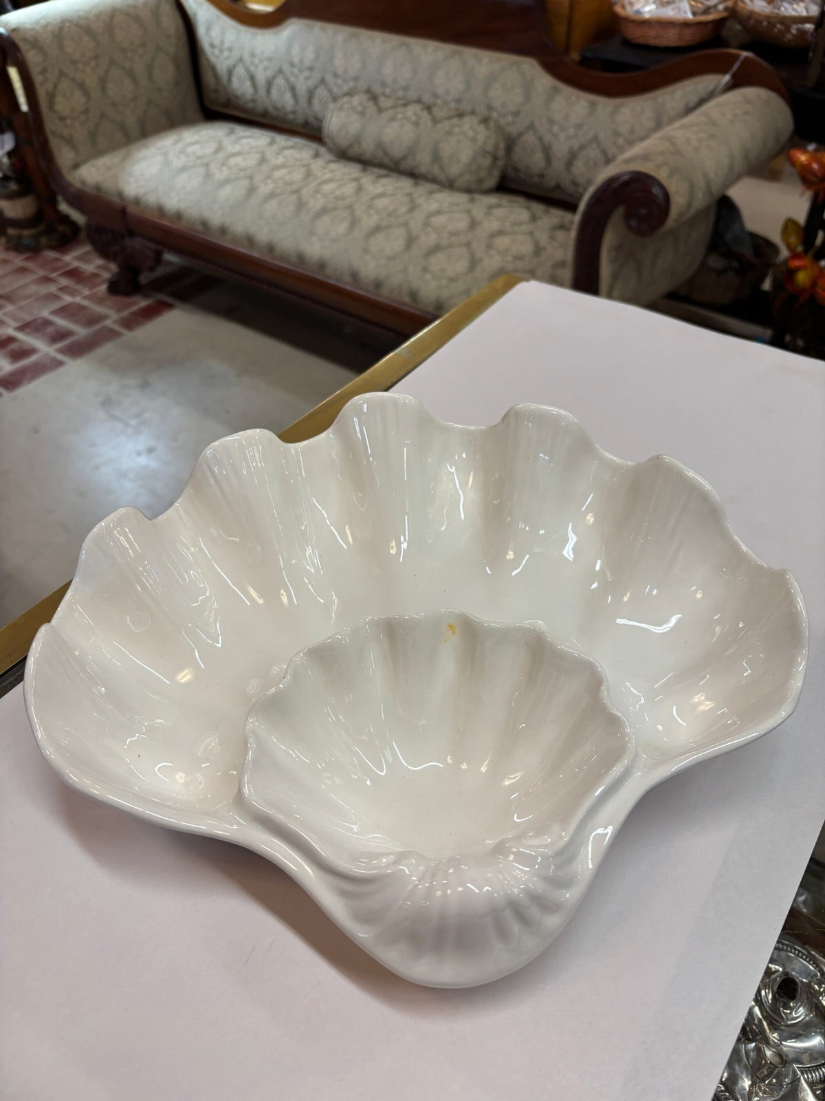 Vintage White Ceramic Clam Shell Chip and Dip Serving Bowl