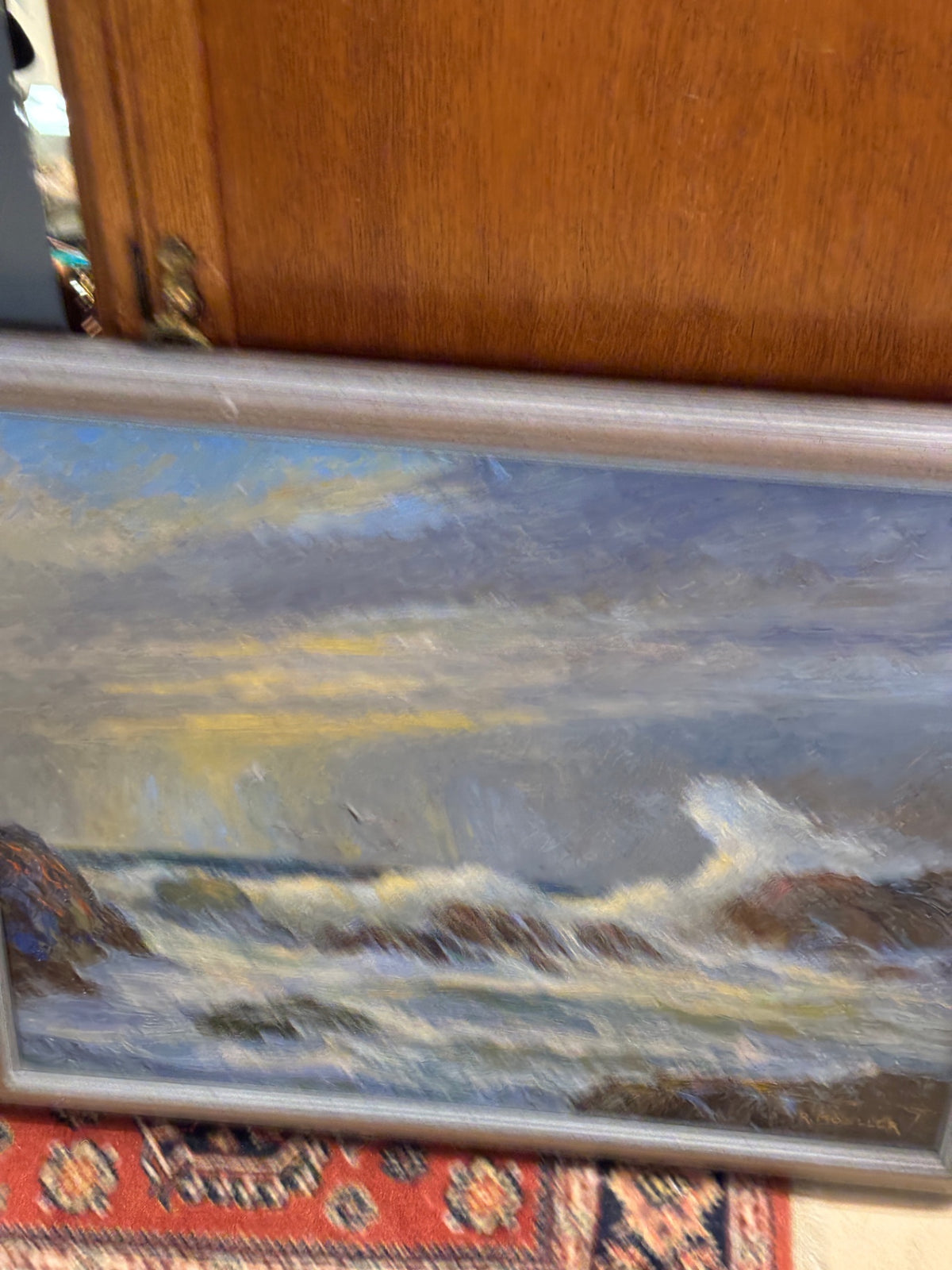 Original Coastal Seascape Painting – Crashing Ocean Waves on Rocky Shore – Signed R. Moella – Framed