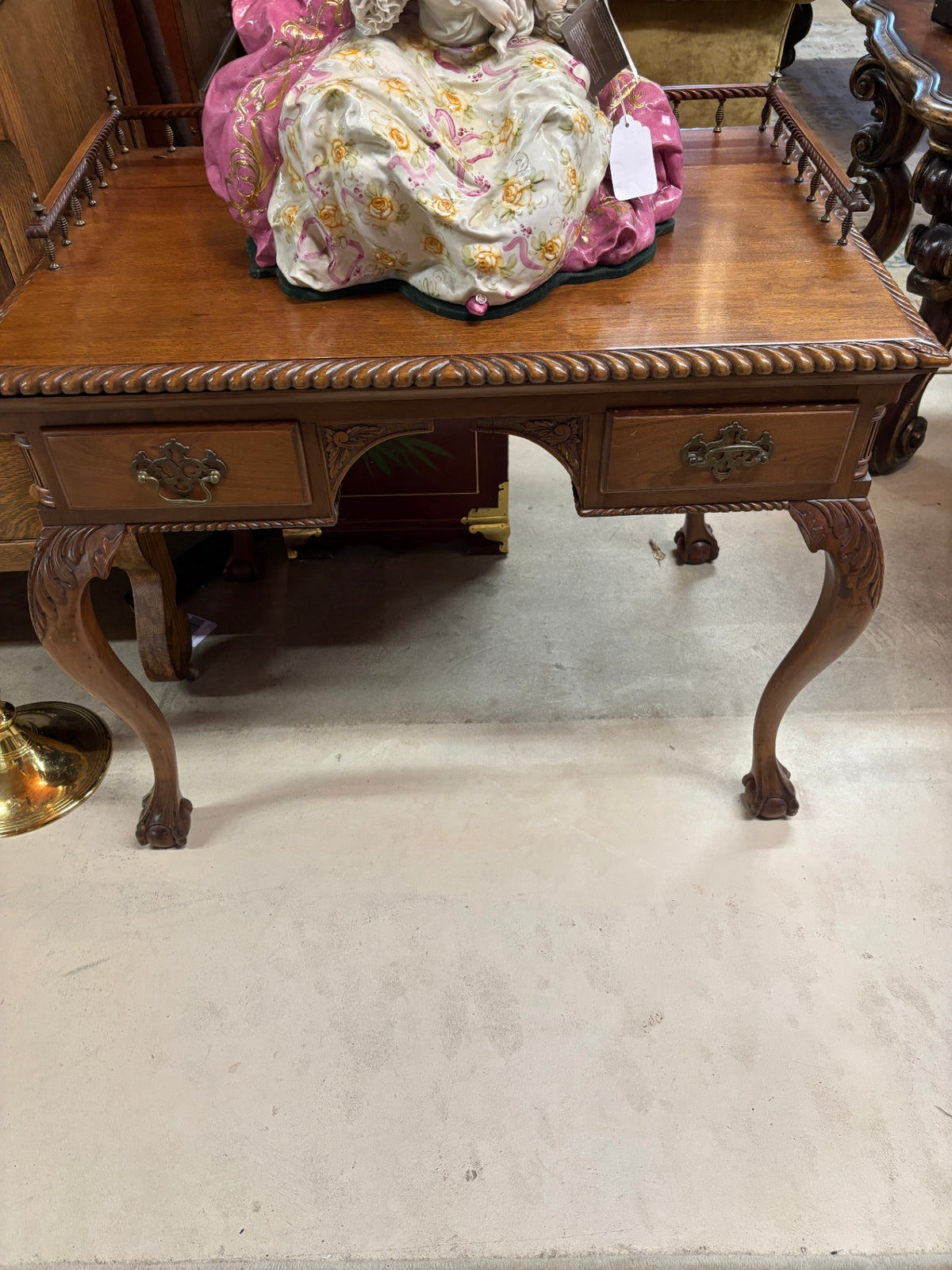 Vintage Chippendale Style Mahogany Two-Drawer Writing Desk with Claw-and-Ball Feet