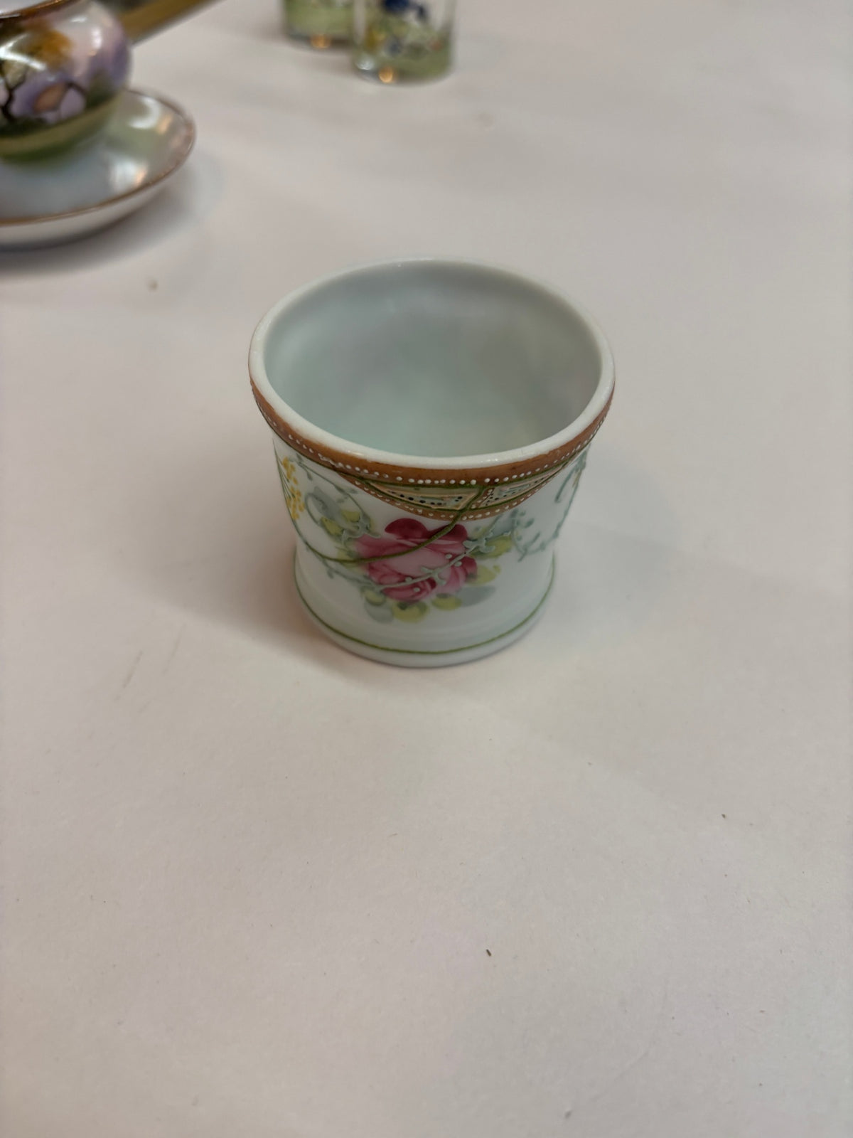 Antique Hand-Painted Nippon Porcelain Floral Open Salt Cellar with Gold Trim