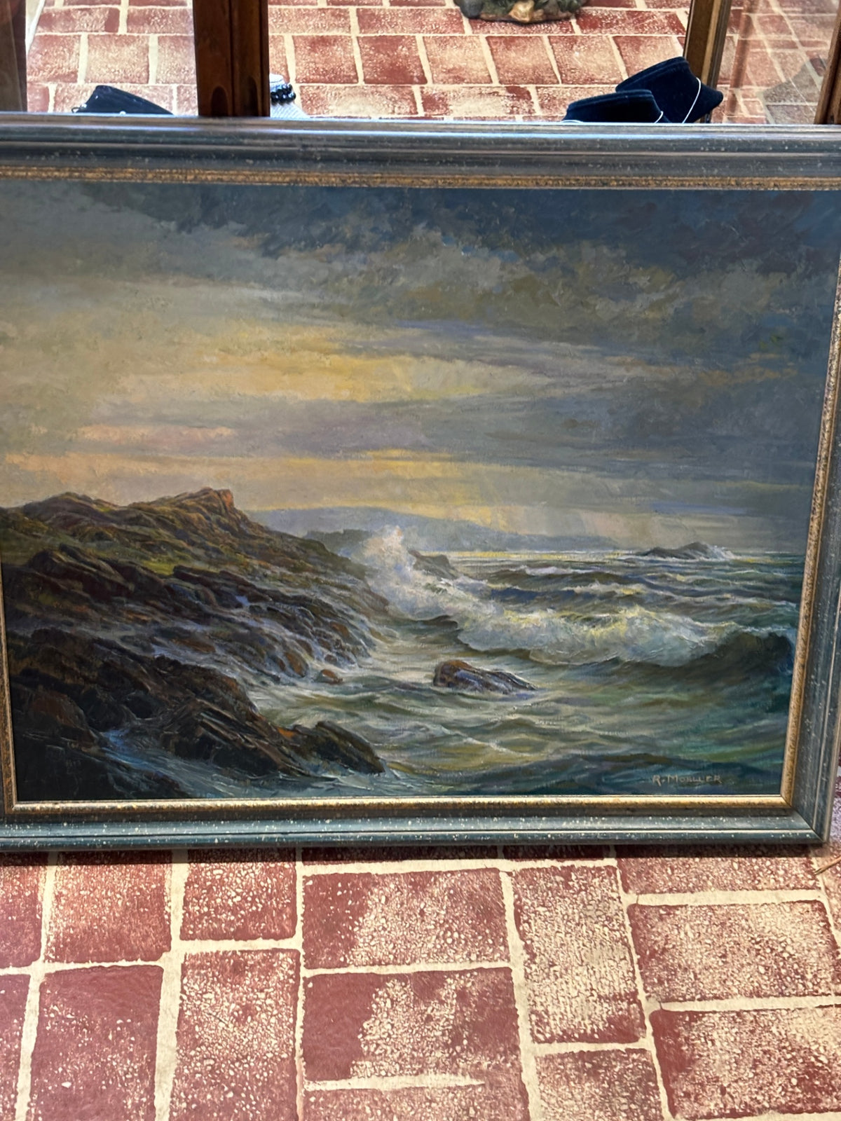 Vintage Coastal Seascape Painting Signed R. Moeller – Crashing Waves & Rocky Shoreline