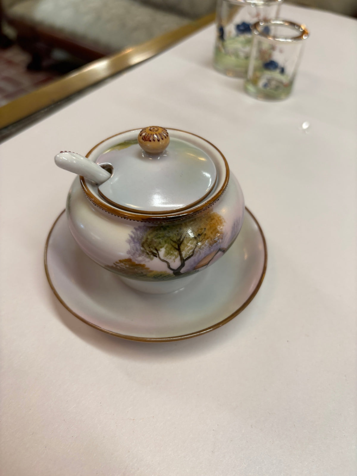 Vintage Nippon Japanese Hand-Painted Porcelain Condiment Jar with Lid, Spoon & Underplate
