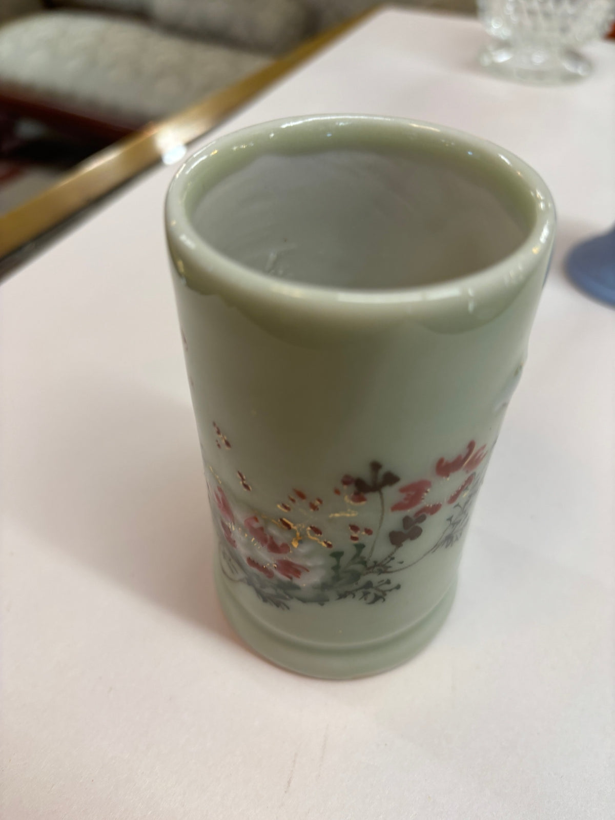Vintage Celadon Green Porcelain Cylinder Vase with Hand-Painted Floral Design & Gold Accents