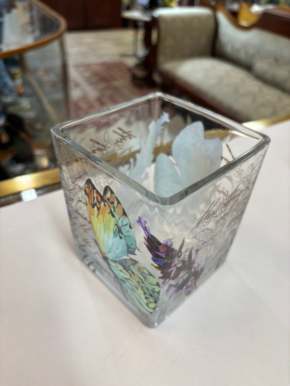Teleflora Butterfly Glass Cube Vase Votive Candle Holder Floral Garden Decor