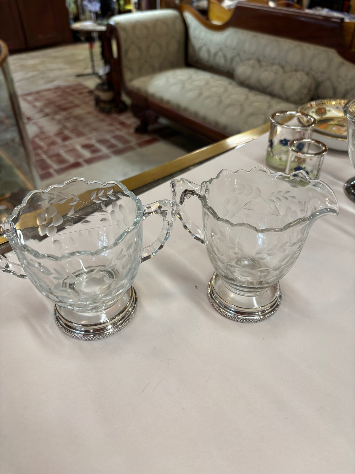 Beautiful Etched Glass Sugar and Creamer with Sterling Base