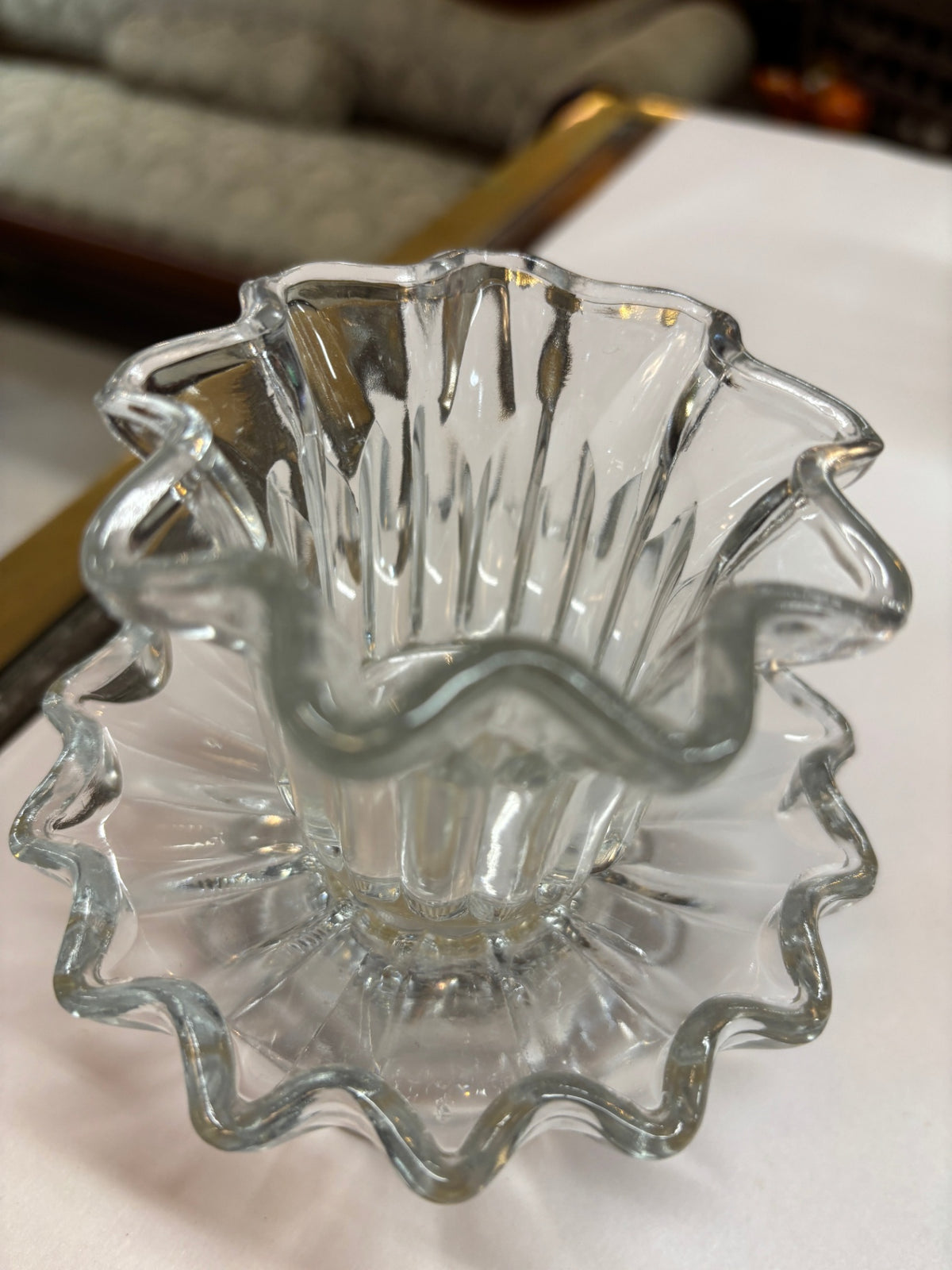 Vintage Clear Pressed Glass Double Ruffled Edge Flower Vase