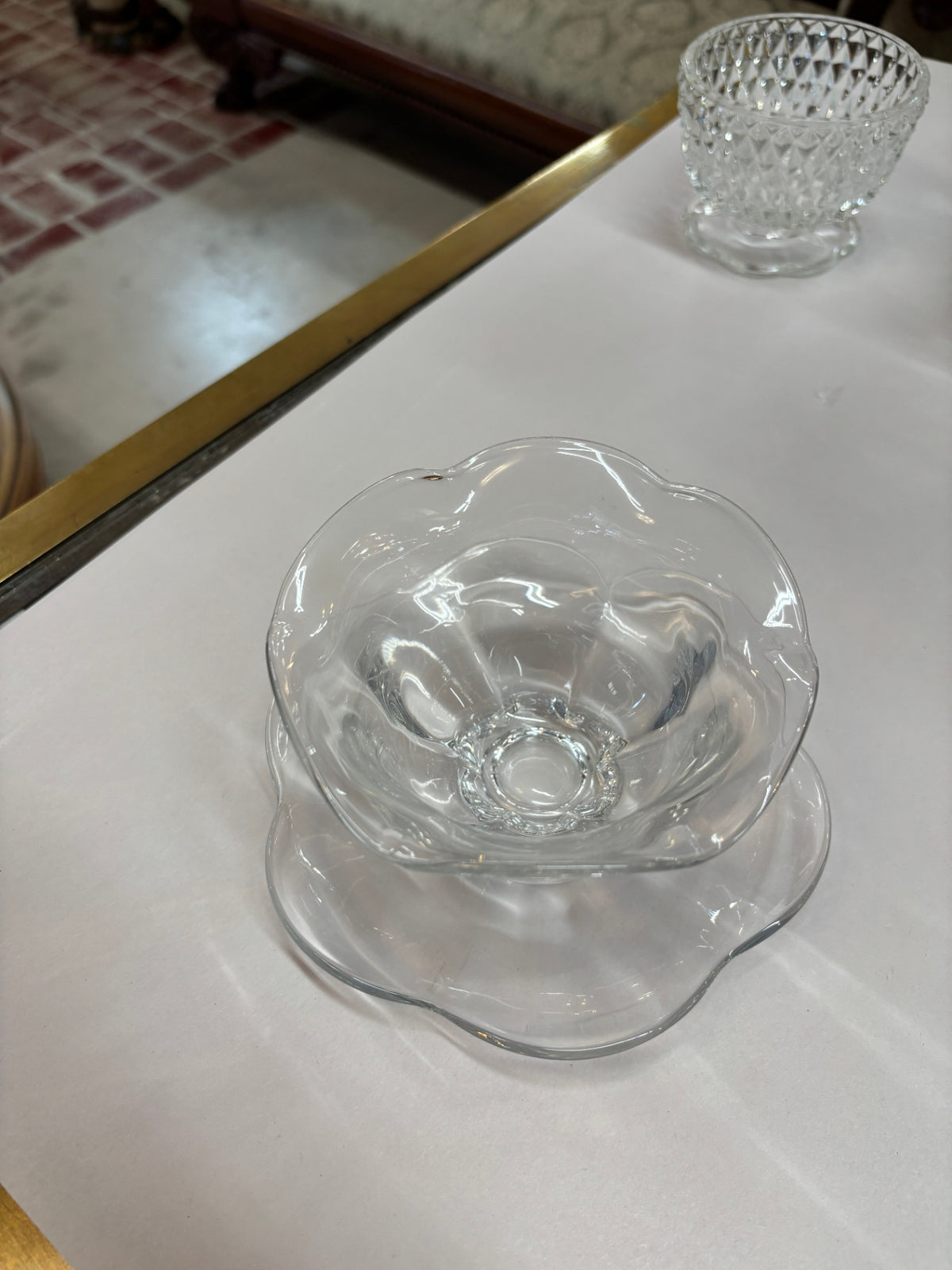 Vintage Clear Glass Scalloped Ruffled Edge Dessert Bowl with Matching Underplate