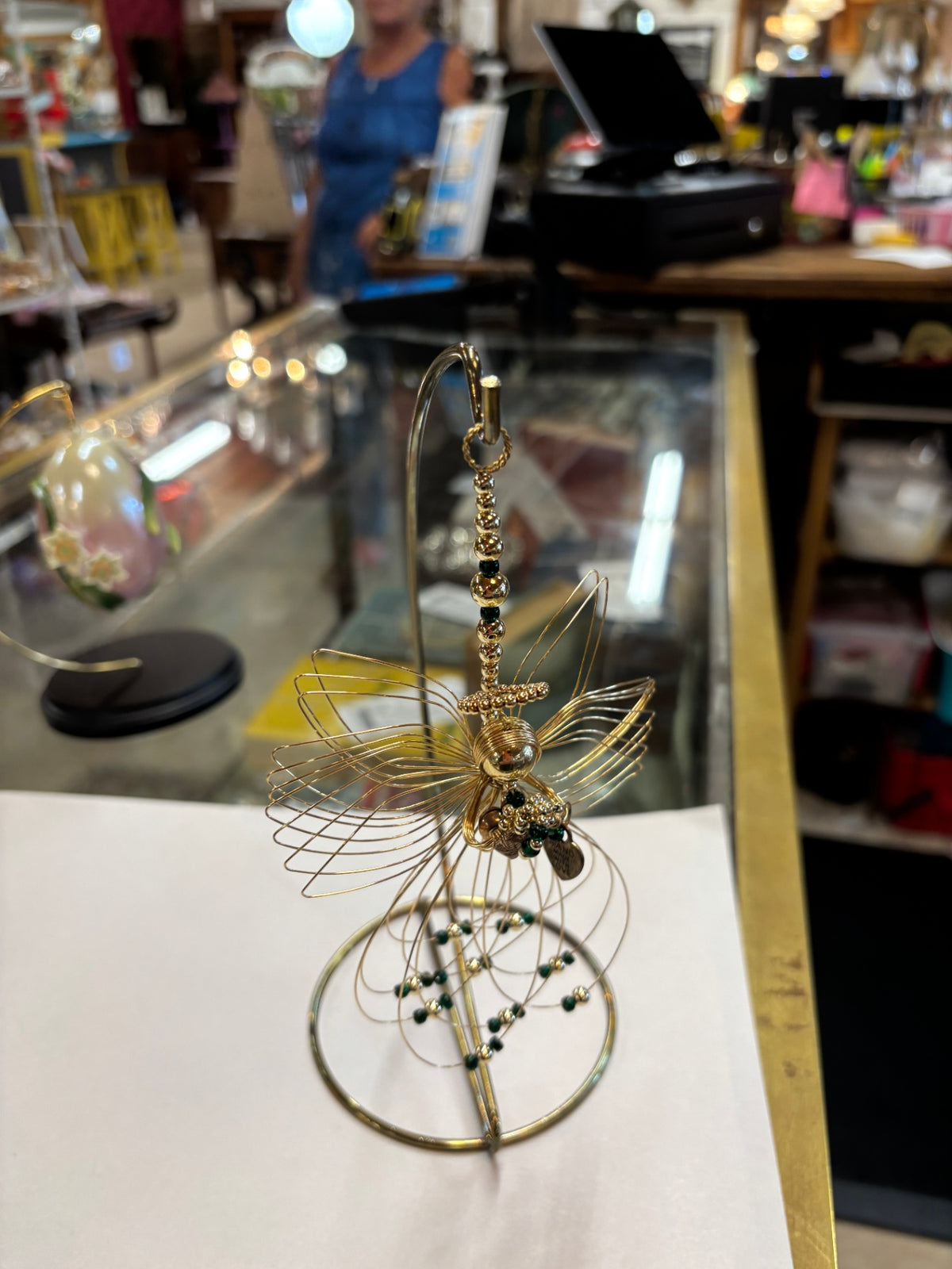 Vintage Gold-Tone Wire Angel Ornament with Green Bead Accents