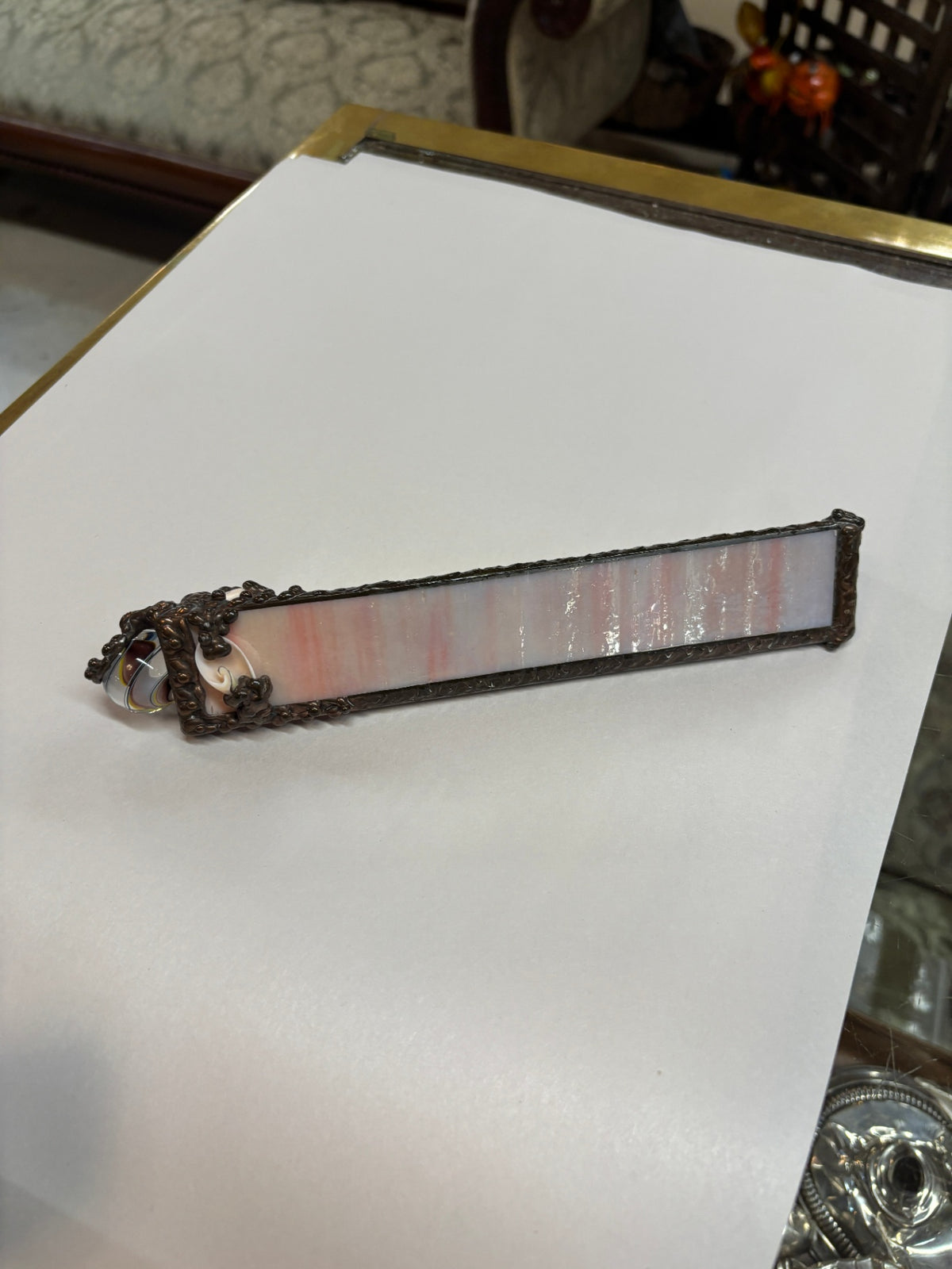 Vintage Pink Iridescent Slag Glass Decorative Panel with Ornate Bronze-Tone Metal Frame