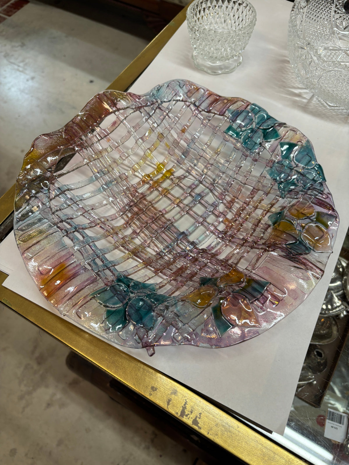 Handcrafted Multicolor Art Glass Lattice Bowl – Iridescent Woven Ribbon Design with Sculpted Floral Accents 13"