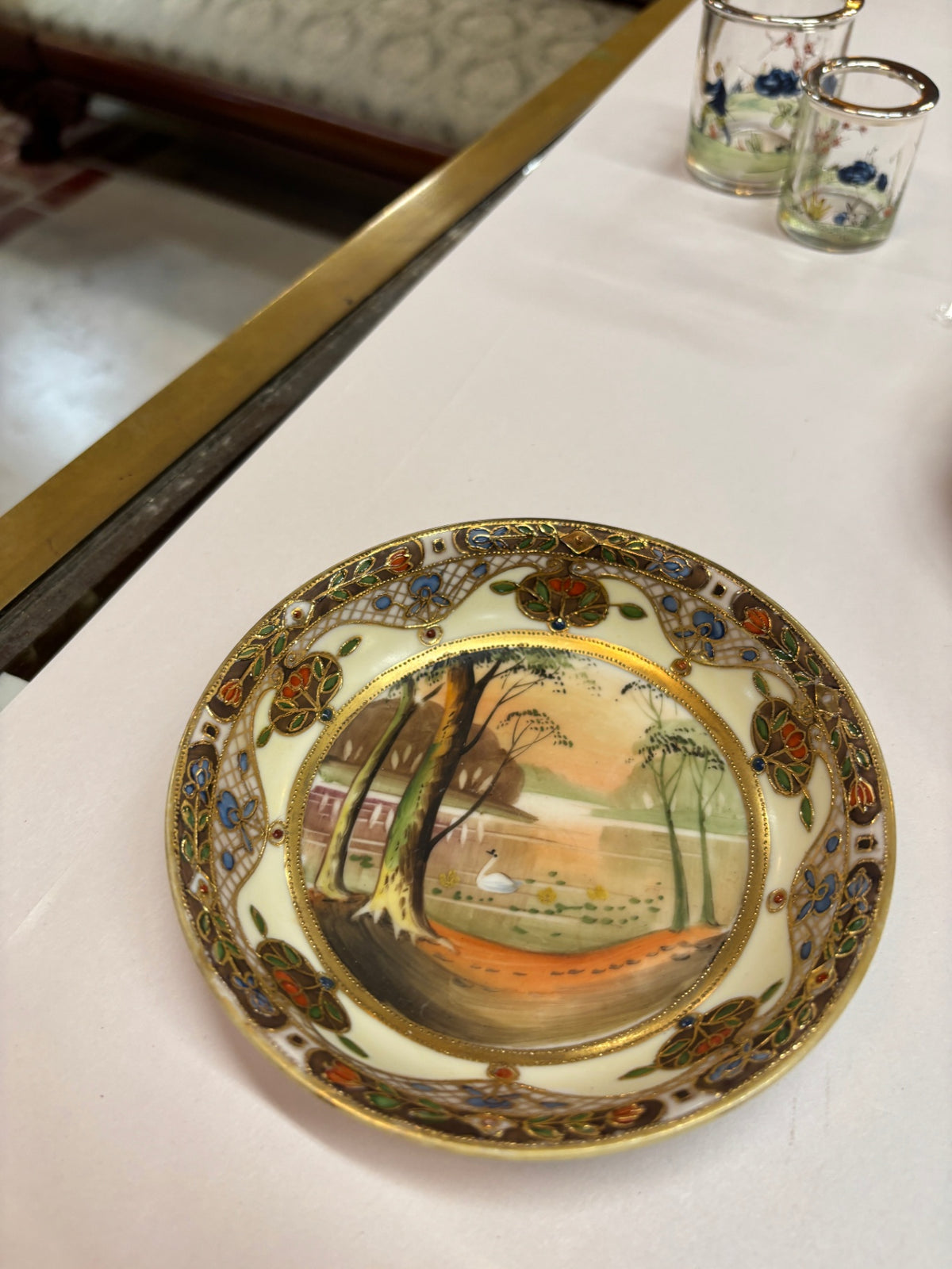 Antique Hand-Painted Nippon Japanese Porcelain Bowl with Scenic Landscape & Moriage Floral Gold Gilt Decoration