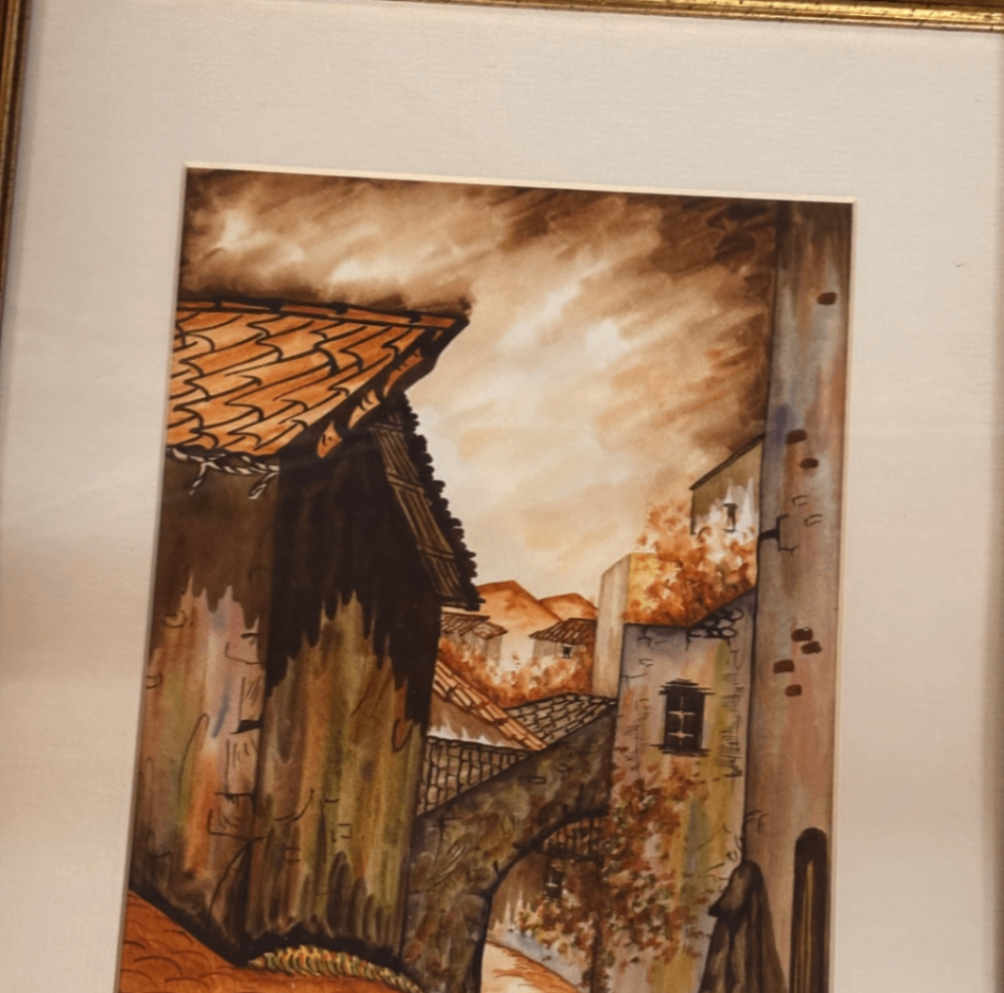 RUIL - original watercolor painting Mexican Town - Framed 16.75"x12.75"