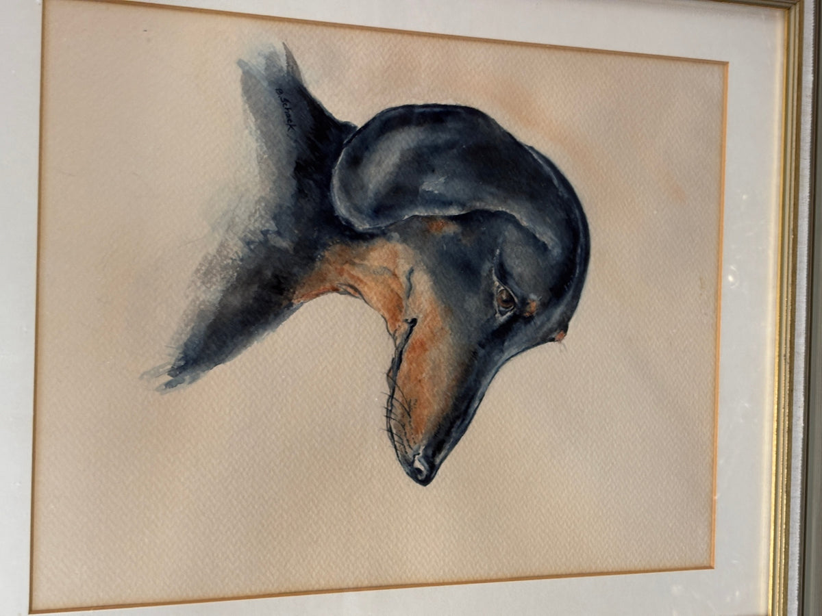 Original B. Scheck Signed Watercolor Painting – Dachshund Dog Portrait – Framed