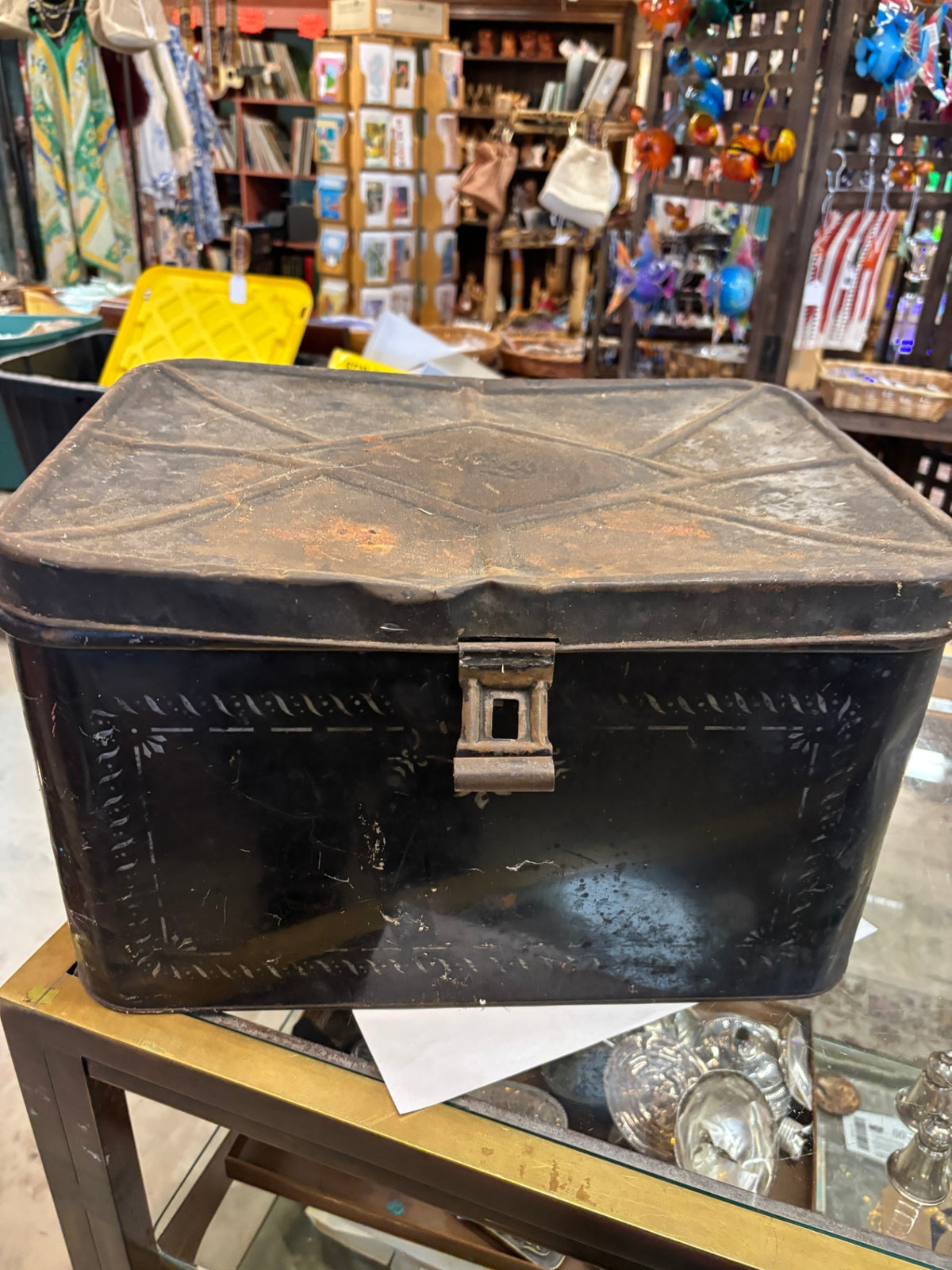 Vintage NESCO Black Metal Storage Tin Chest with Hinged Lid – Stenciled Design
