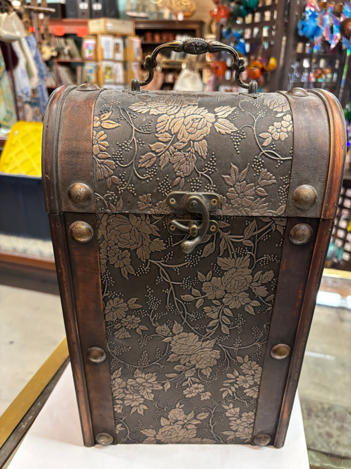 Vintage Floral Embossed Dome-Top Wooden Storage Chest with Metal Accents