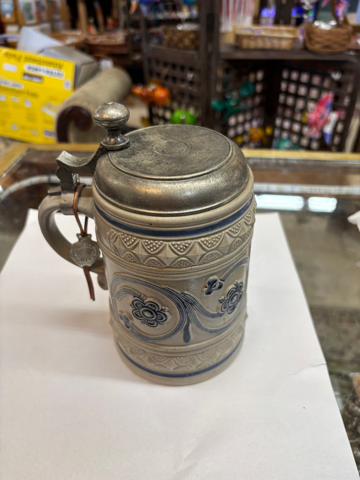 Vintage German Westerwald Salt-Glazed Stoneware Beer Stein with Pewter Lid – Blue & Gray Floral Design