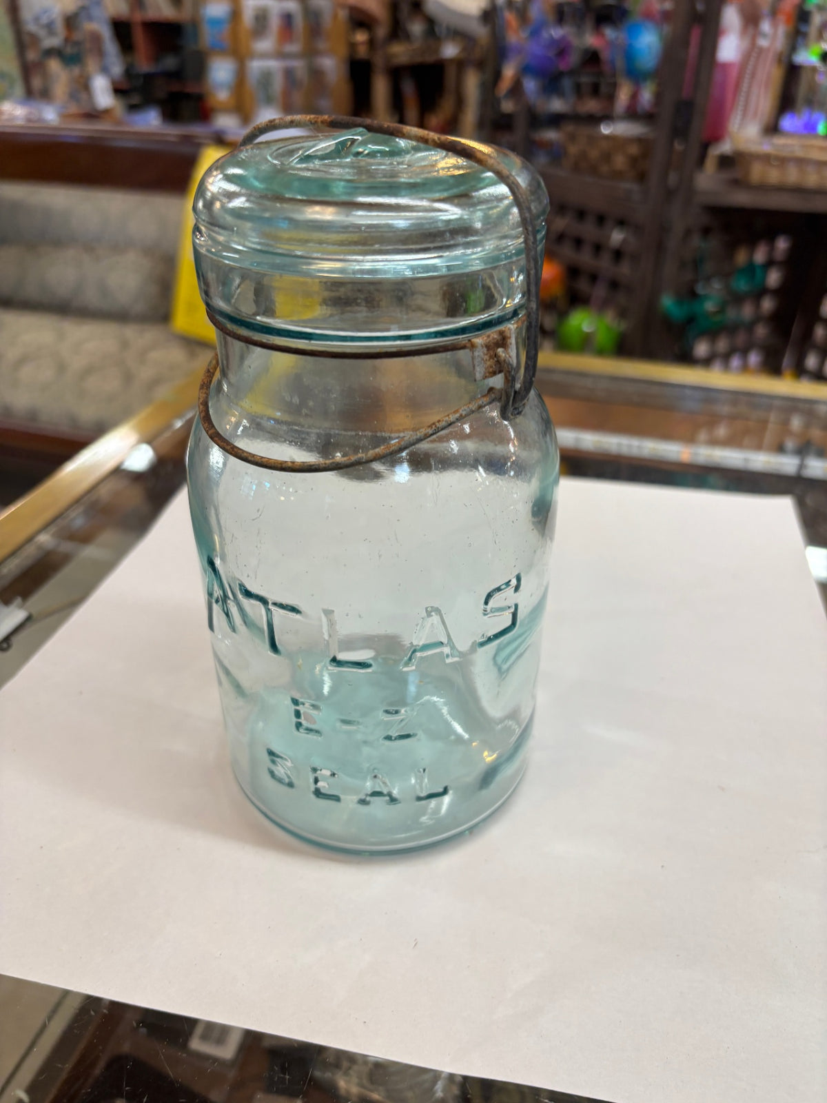 Antique Atlas E-Z Seal Aqua Blue Glass Canning Jar with Glass Lid & Wire Bail