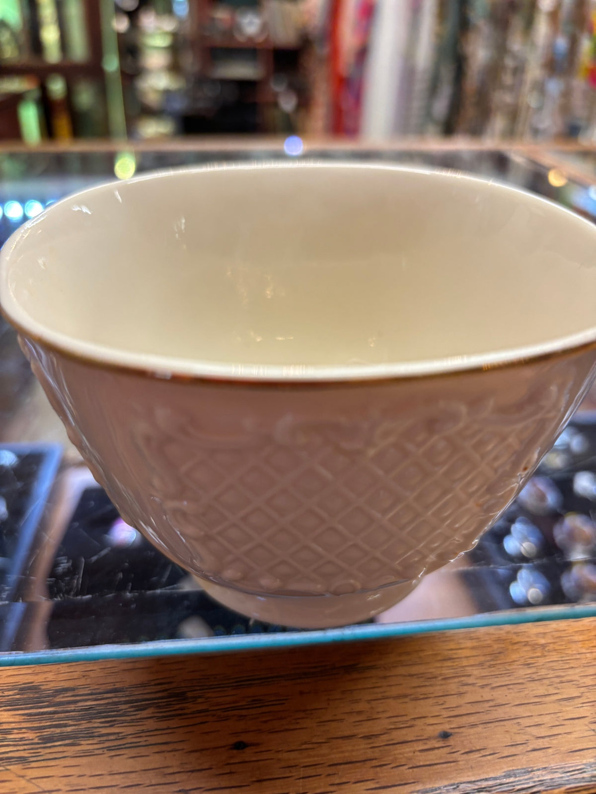 Lenox Ivory Porcelain Bowl with Embossed Basketweave Pattern & Gold Trim