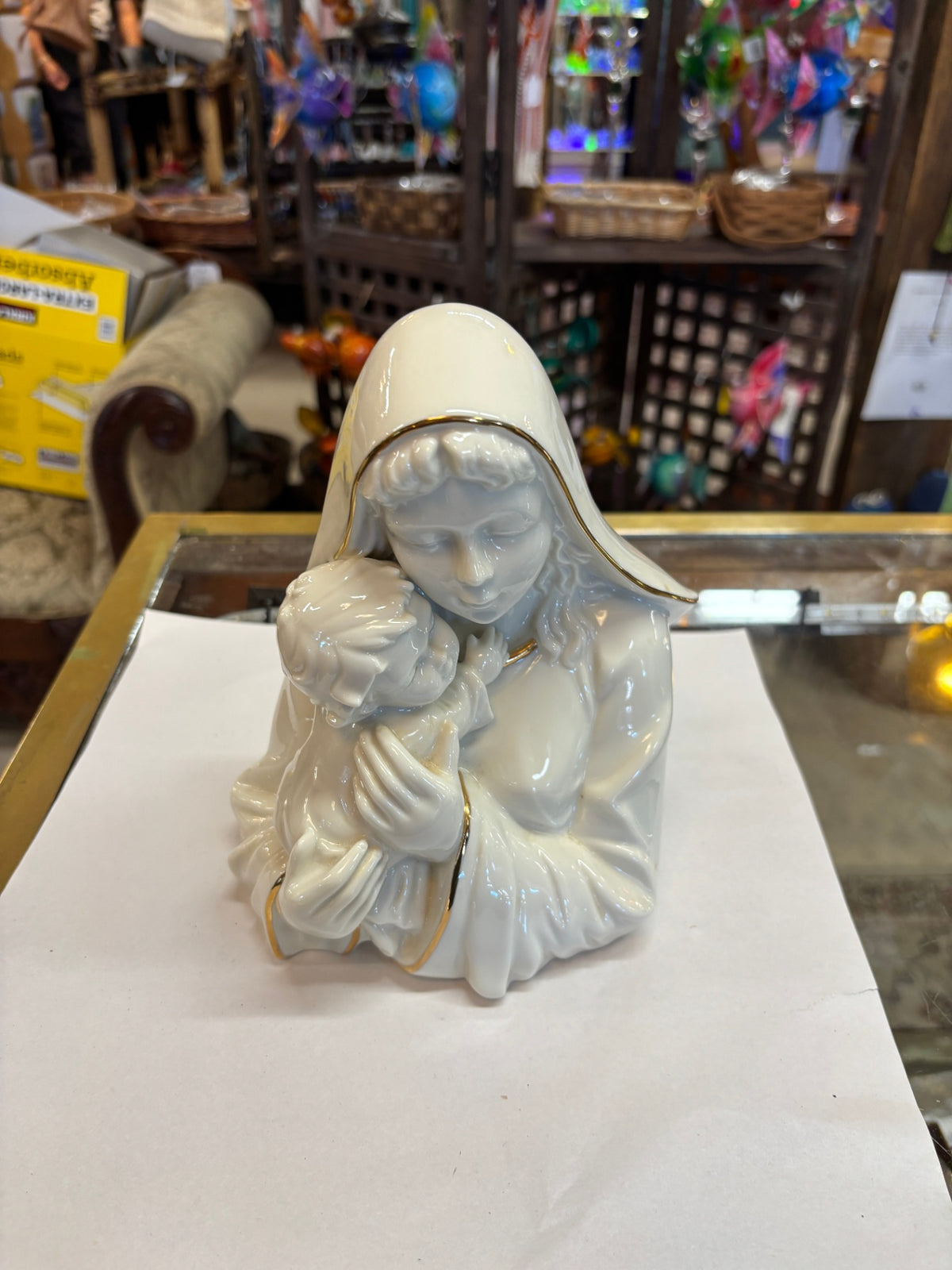 Vintage White Porcelain Madonna and Child Religious Figurine with Gold Accents