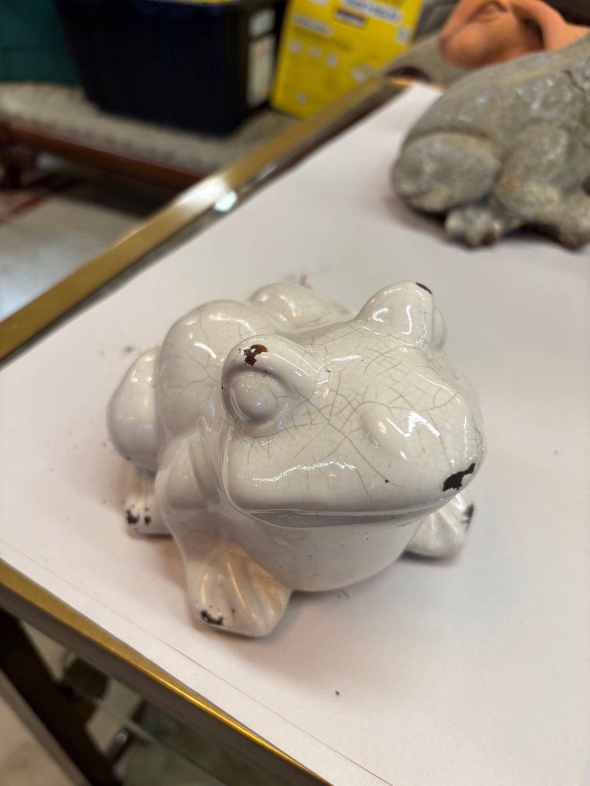 Vintage White Ceramic Frog Figurine – Crackle Glaze – Rustic Farmhouse Decor