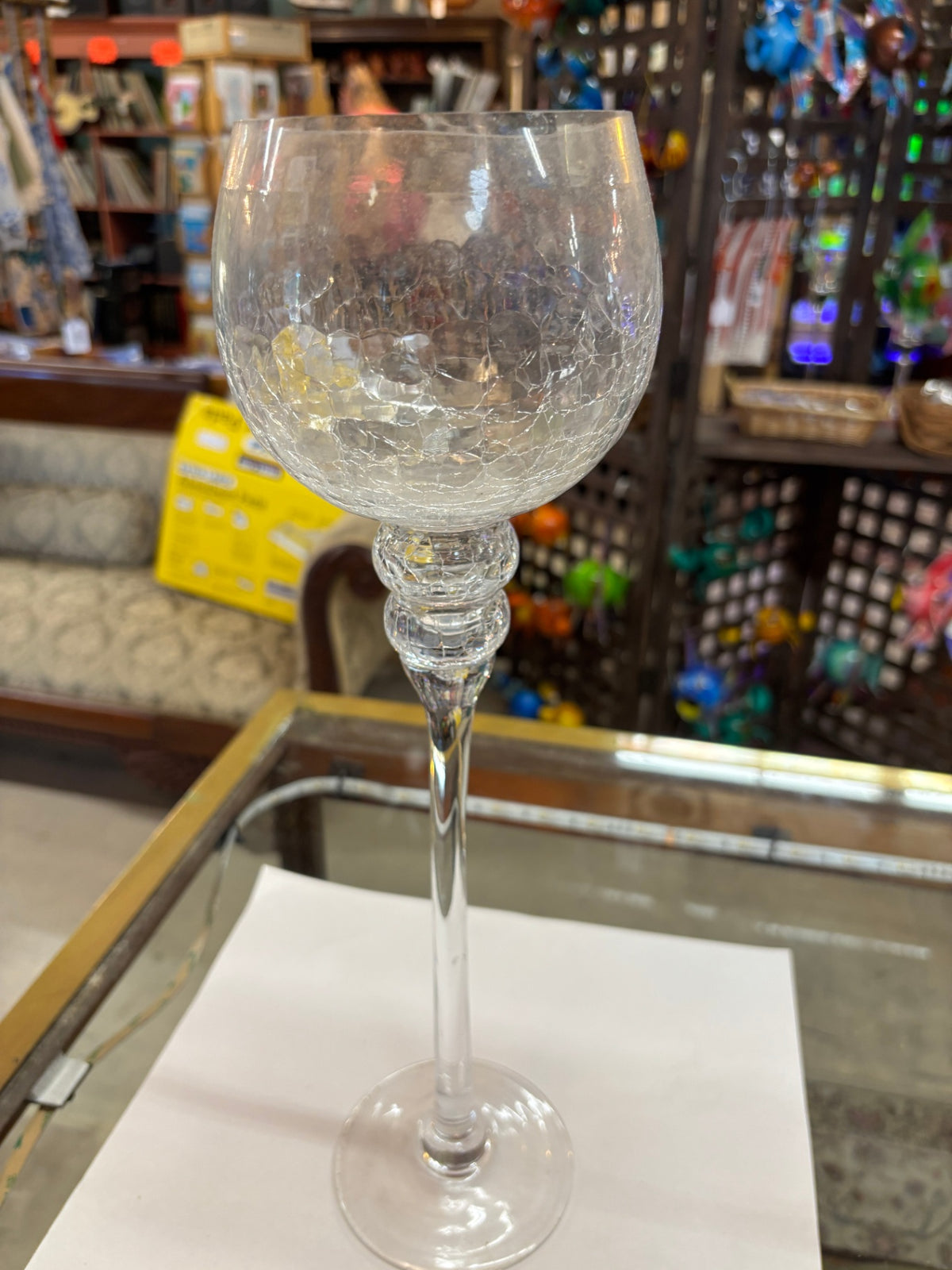 Tall Clear Crackle Glass Goblet Candle Holder with Decorative Ste