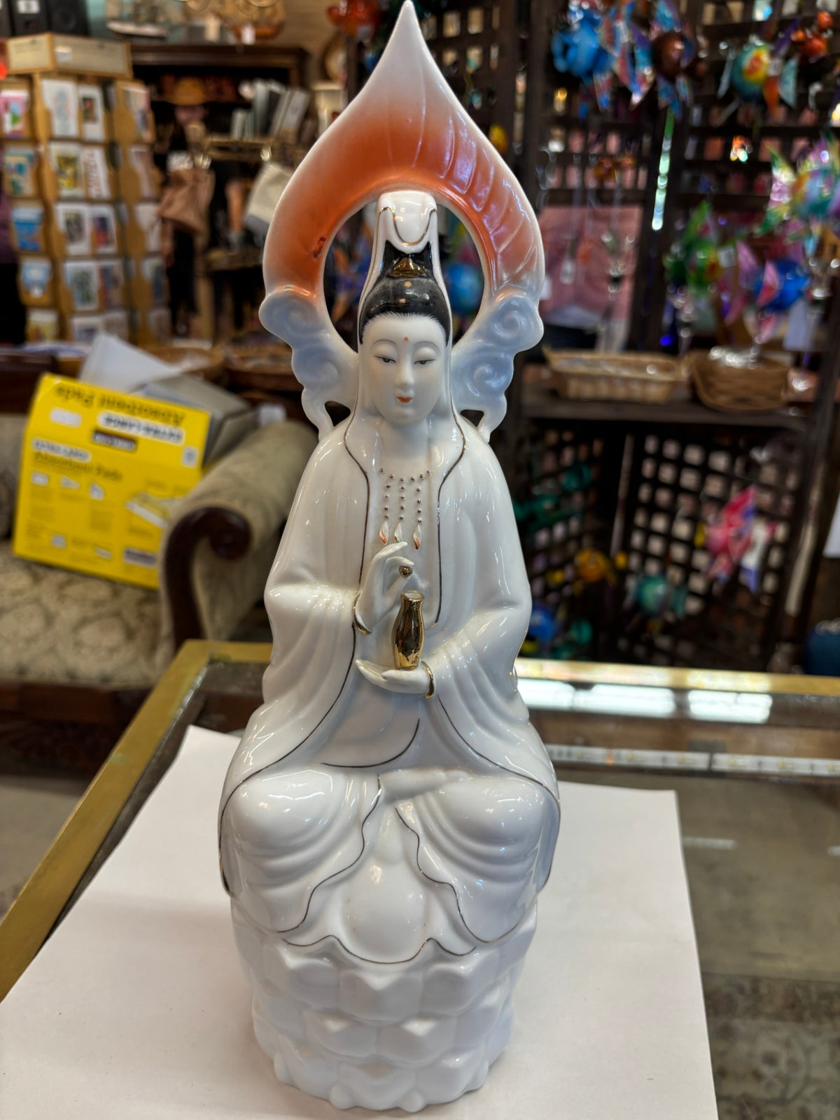 Vintage Chinese Porcelain Guanyin Statue – White Robed Goddess of Mercy with Pink Halo