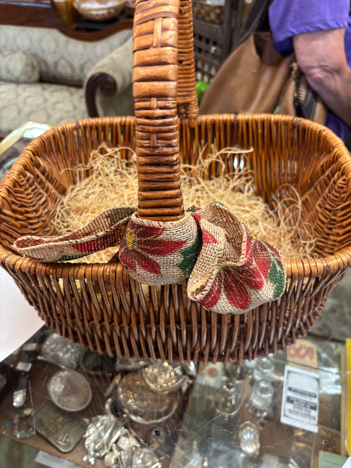 Vintage Wicker Gathering Basket with Tall Wrapped Handle – Rustic Farmhouse Décor